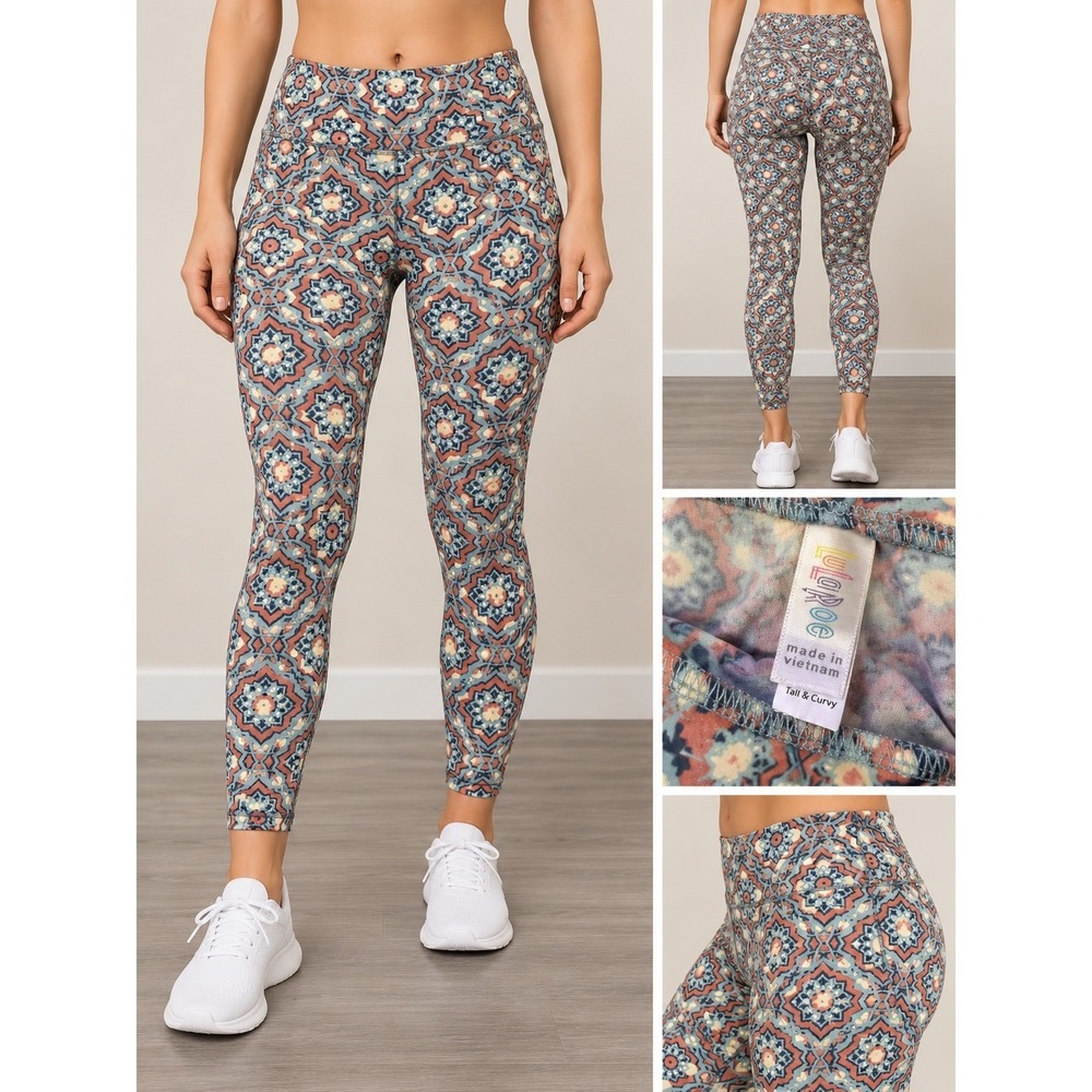 LuLaRoe Leggings Women Tall & Curvy Blue Orange Excellent Geometric Mandala